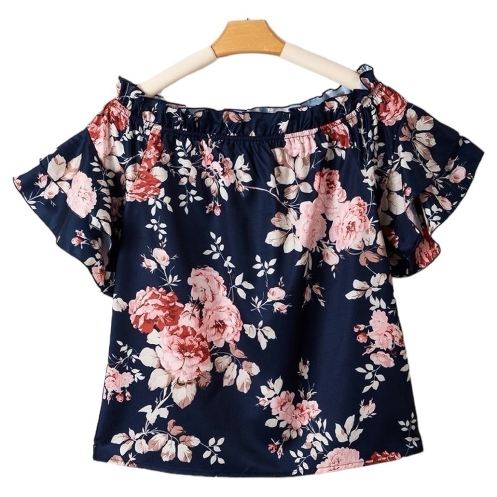 Navy Blue and Pink Ruffle Off Shoulder Flounce Sleeve Floral Blouse Large NWOT - Picture 4 of 7